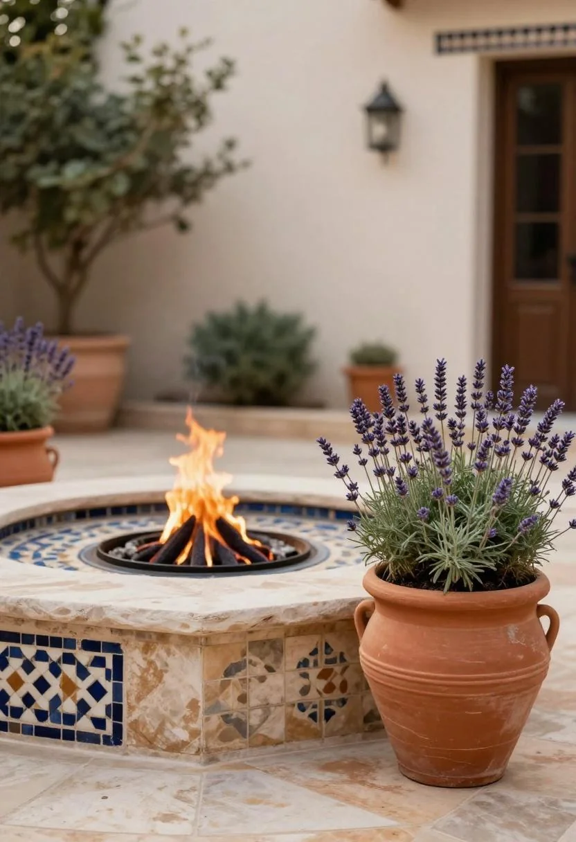 Mediterranean fire pit corner with terracotta amphora and zellige tile wall accent at dusk