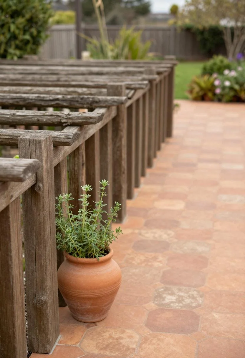 Redwood pergola over a terracotta tiled path with a herb-filled clay pot beside the left post