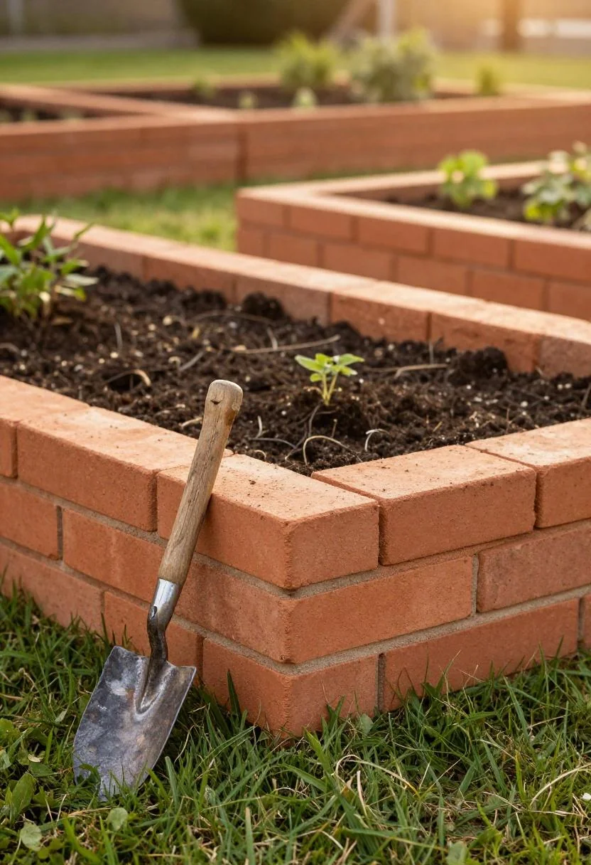 Stacked adobe brick edging raising a garden bed border with an oak-handled trowel resting at the corner