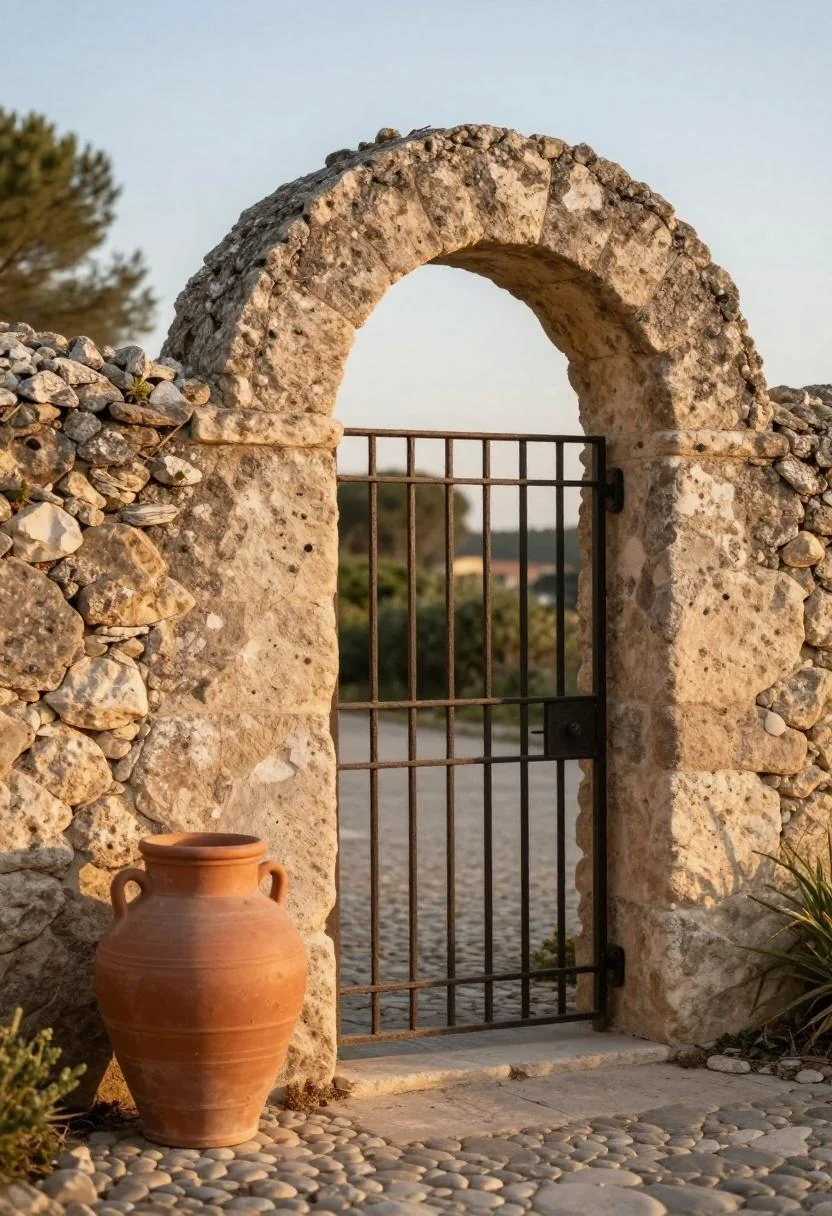 Sandstone arbor with terracotta olive jar evoking a sun-drenched Tuscan garden entrance