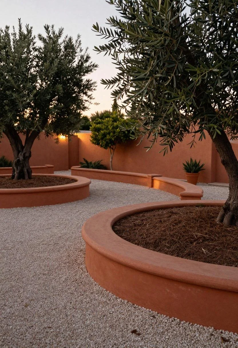 Hand-formed terracotta clay edging rolls curving around olive tree mulch ring