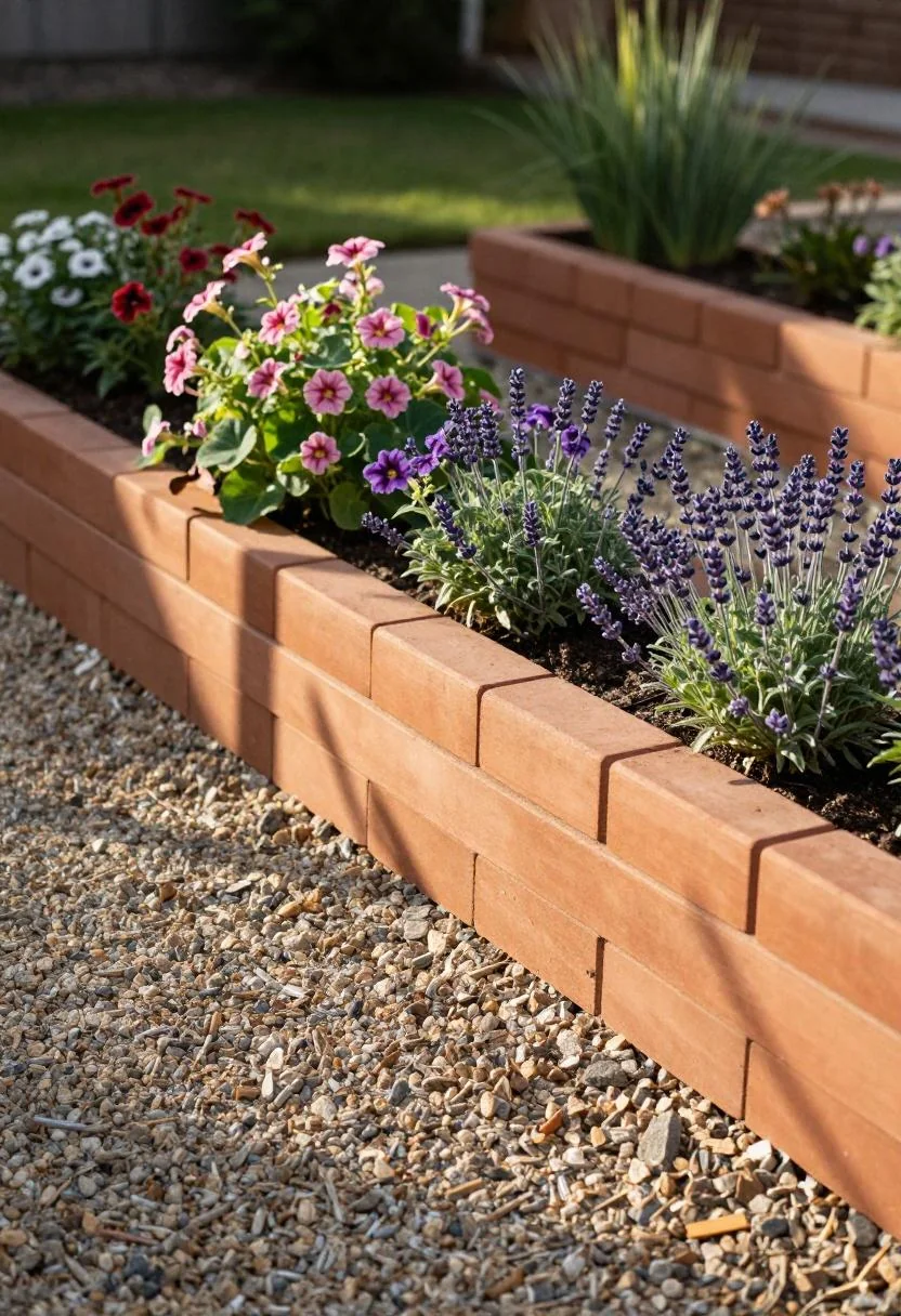 Stacked terracotta tile raised bed with nasturtiums along a gravel front drive
