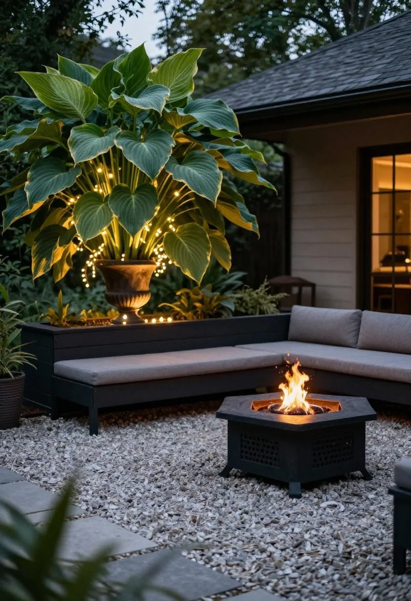 Cast-iron hosta urn beside a fire pit patio with string lights at dusk