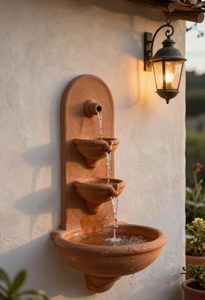 Handmade clay wall-mounted fountain with stepped lips beside an iron lantern at golden hour