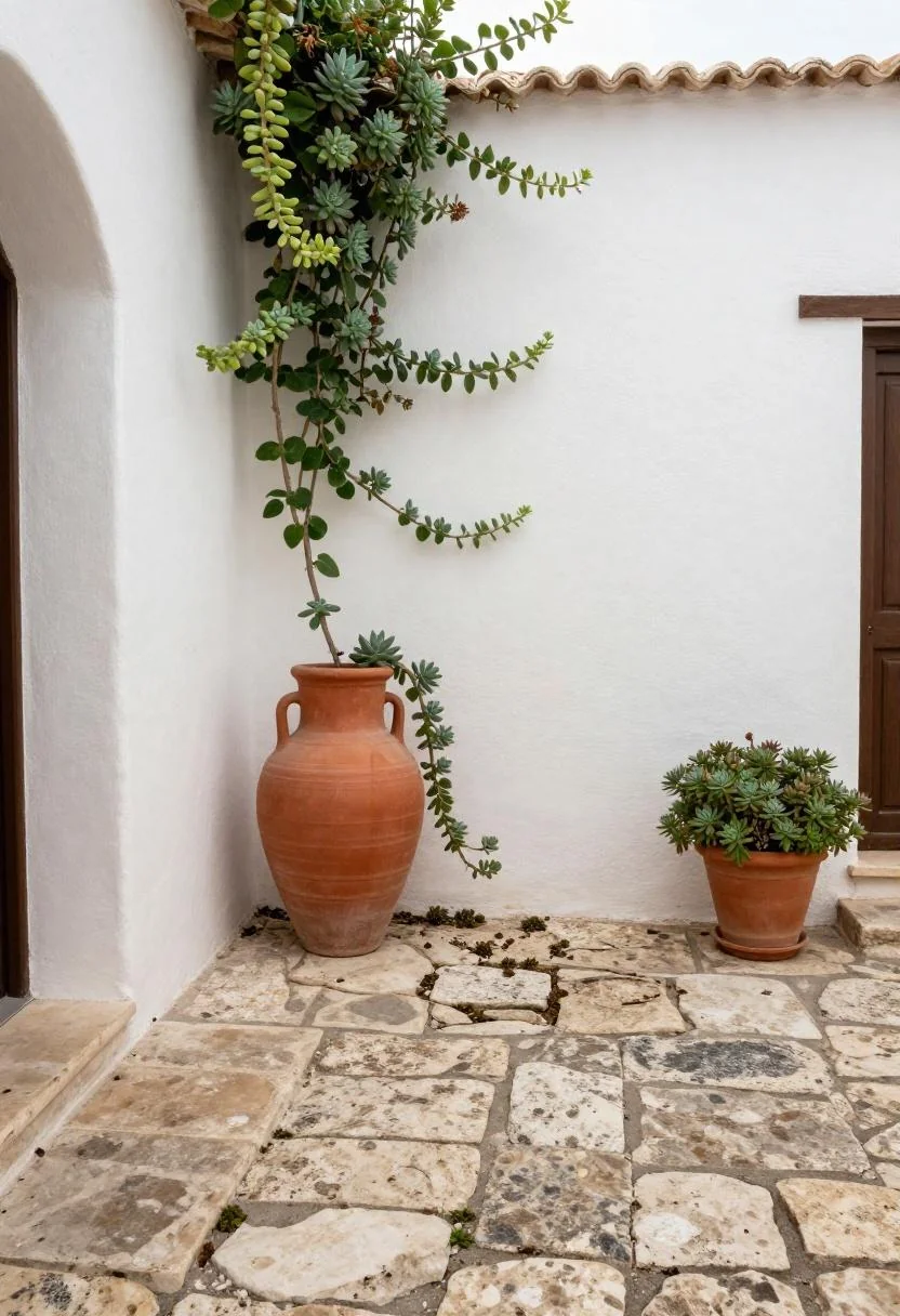 Limestone cobblestone courtyard where sedum fills the joints with terracotta amphora against wall
