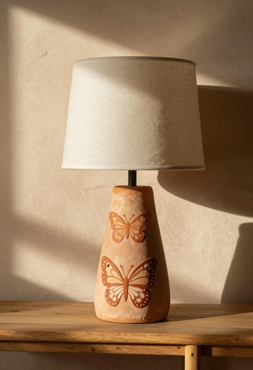 Hand-painted terracotta butterfly motif on limewash plaster above an oak console table