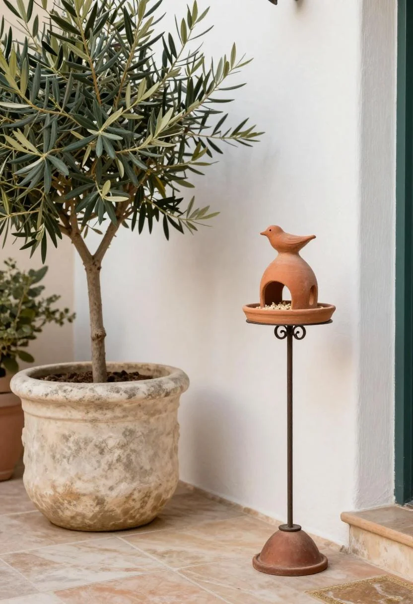 Terracotta hand-thrown clay feeder beside an olive tree in a limestone planter in a morning Mediterranean courtyard