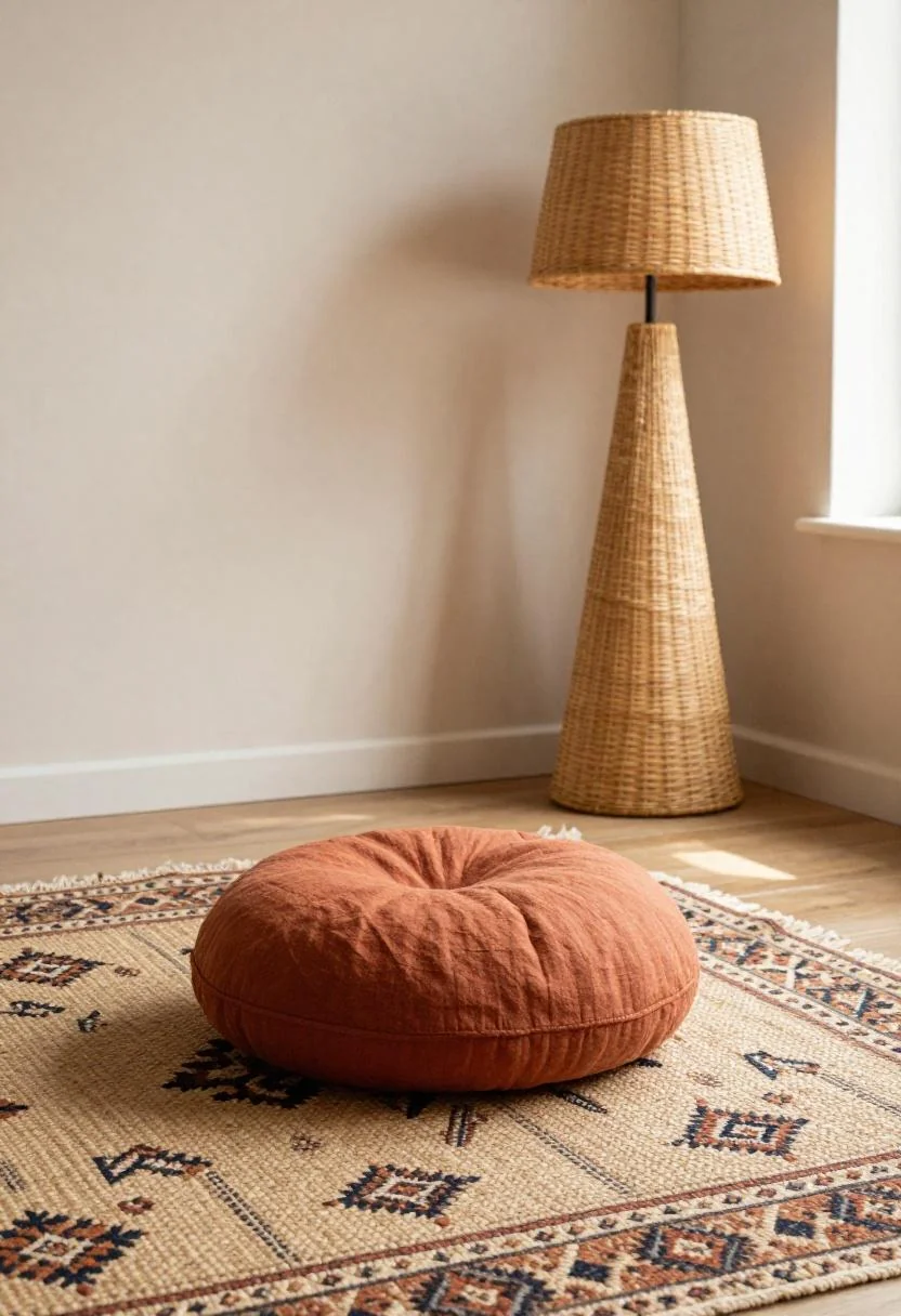 Bohemian rattan lamp with terracotta linen floor cushion on a kilim rug