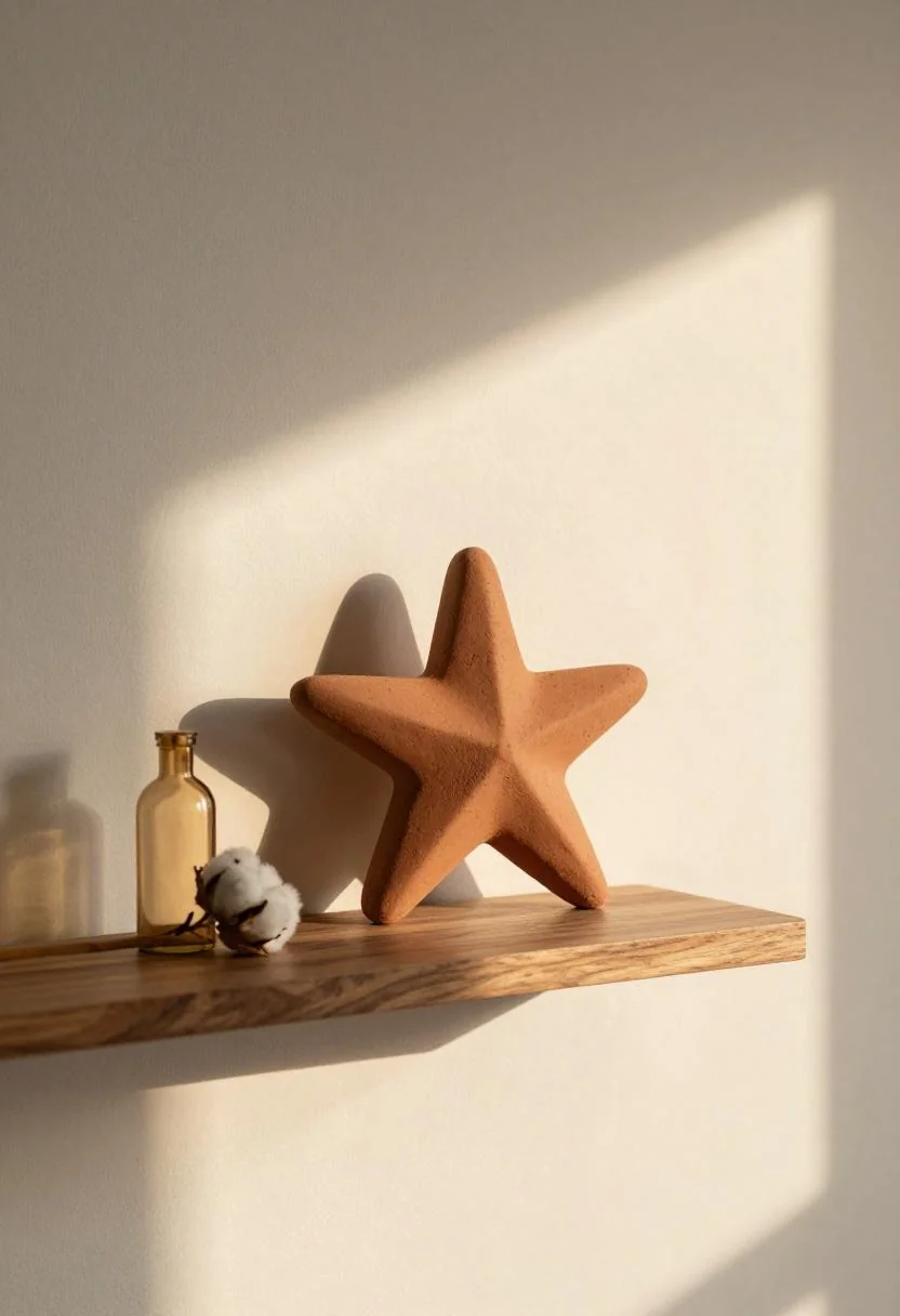 Warm terracotta clay star sculpture beside a dried cotton stem on a walnut floating shelf