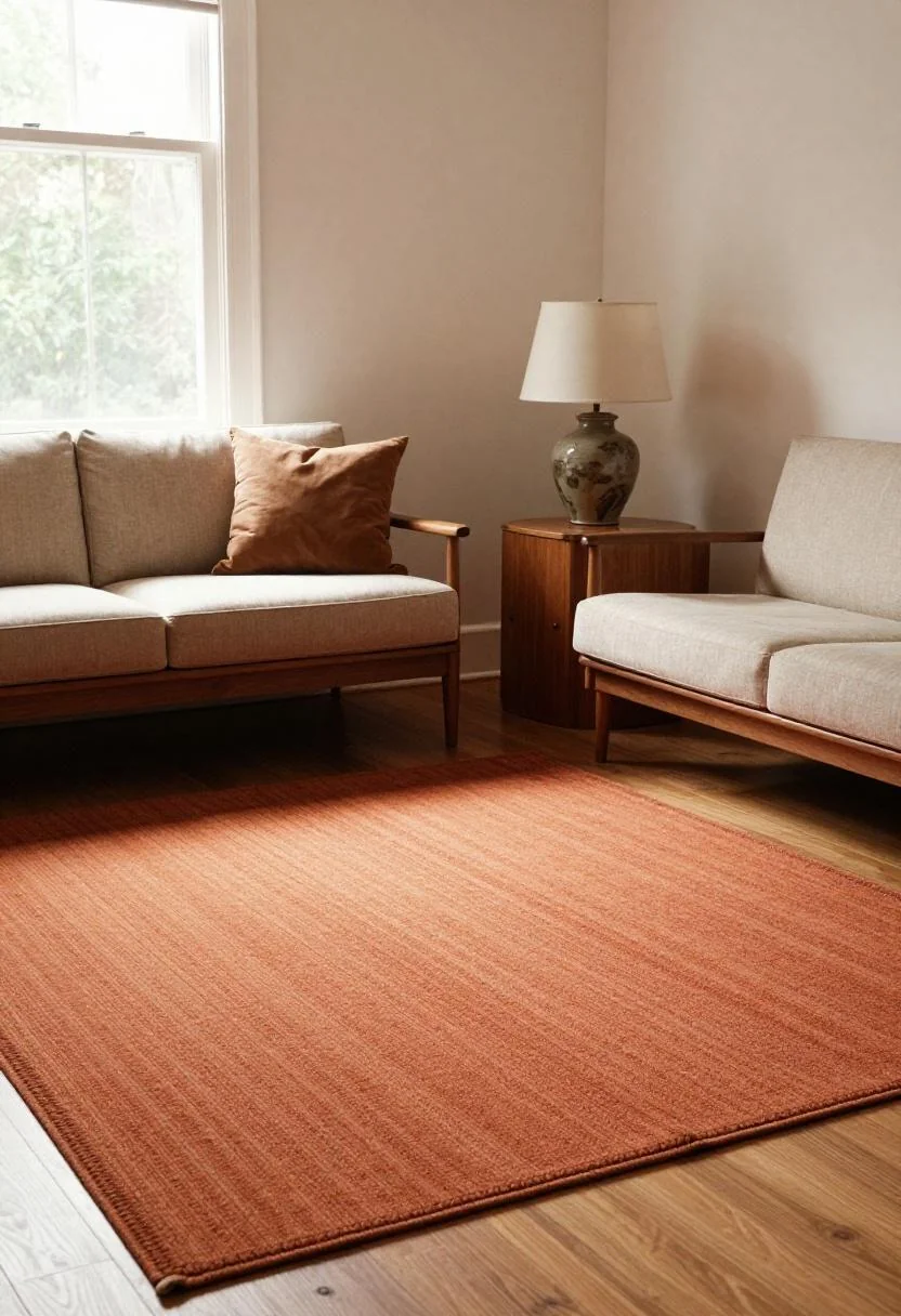 Warm terracotta wool rug with walnut sofa and teak side table in a mid-century living room