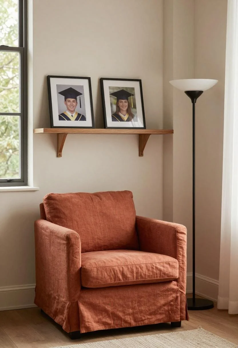 Warm terracotta armchair beneath a walnut shelf with graduation photos in a cozy reading corner