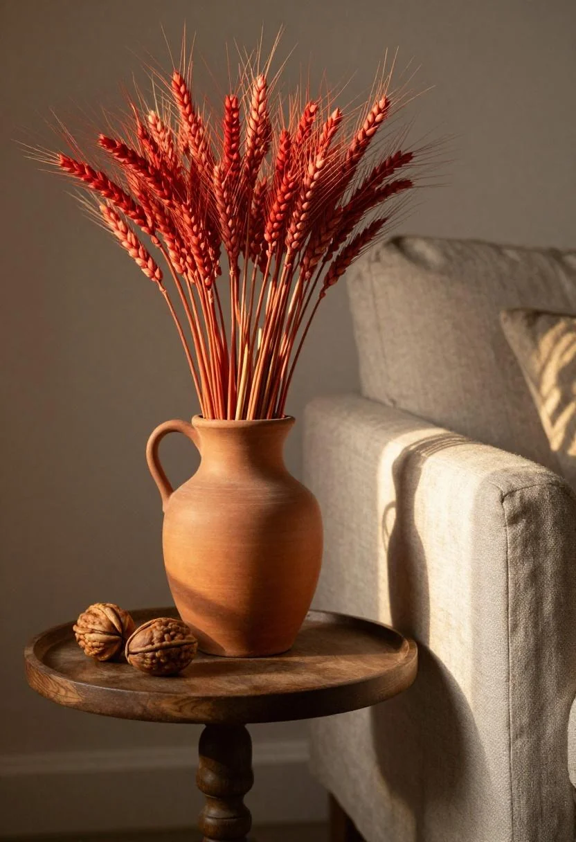 Walnut side table with terracotta clay pitcher of dried red wheat in golden hour