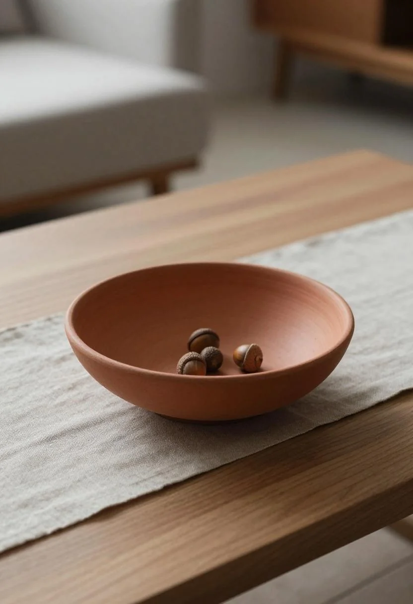 Oak coffee table with terracotta bowl of acorns on a linen runner