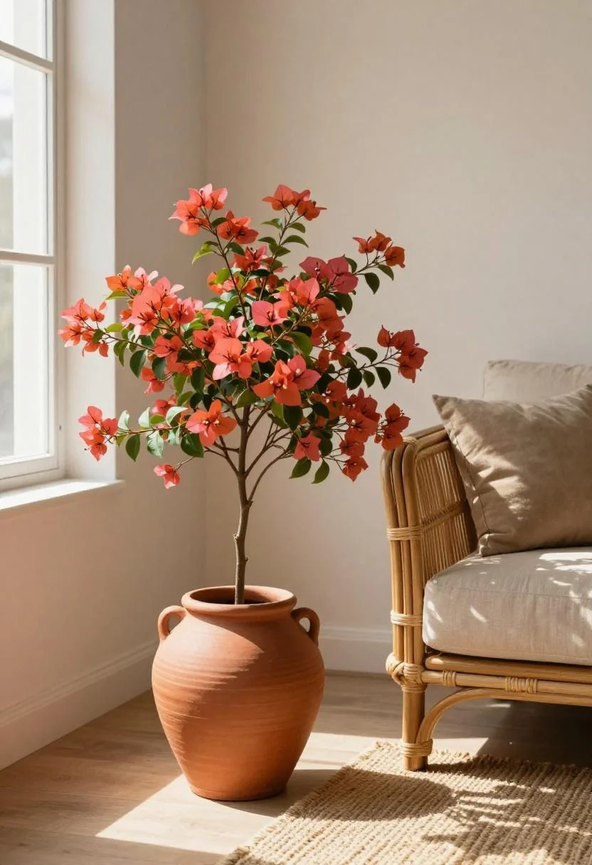 Terracotta faux bougainvillea in a clay pot beside a rattan sofa on a sisal rug