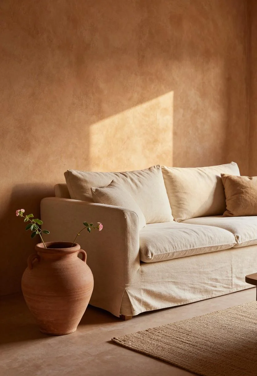 Cream linen sofa beside a glass jar of fresh peppermint on a marble table