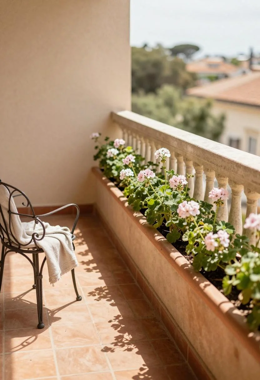 Scented geraniums in a terracotta trough along a balcony railing in warm afternoon backlight
