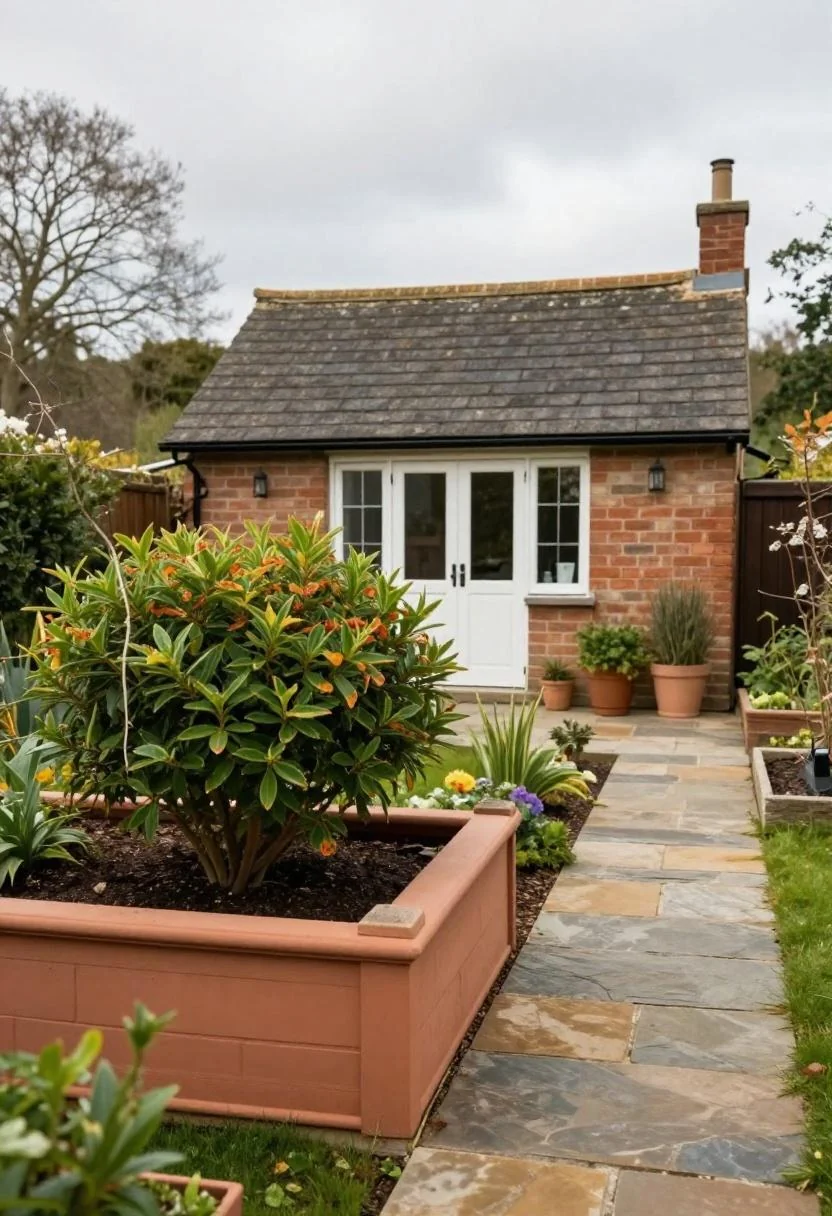 Warm terracotta raised bed with butterfly bush edged in slate stone in a cottage front garden