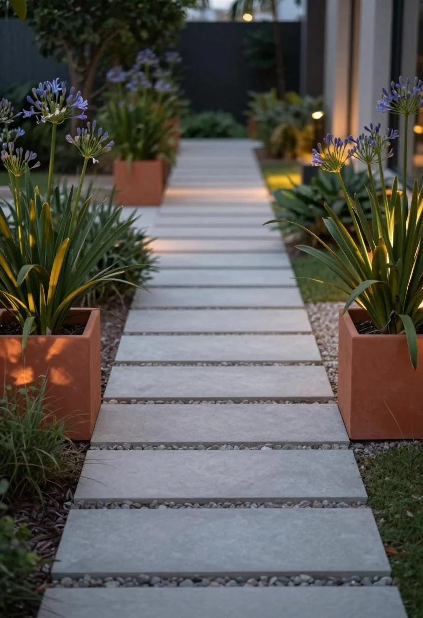 Pair of terracotta agapanthus planters symmetrically flanking a concrete stepping-stone garden path at dusk