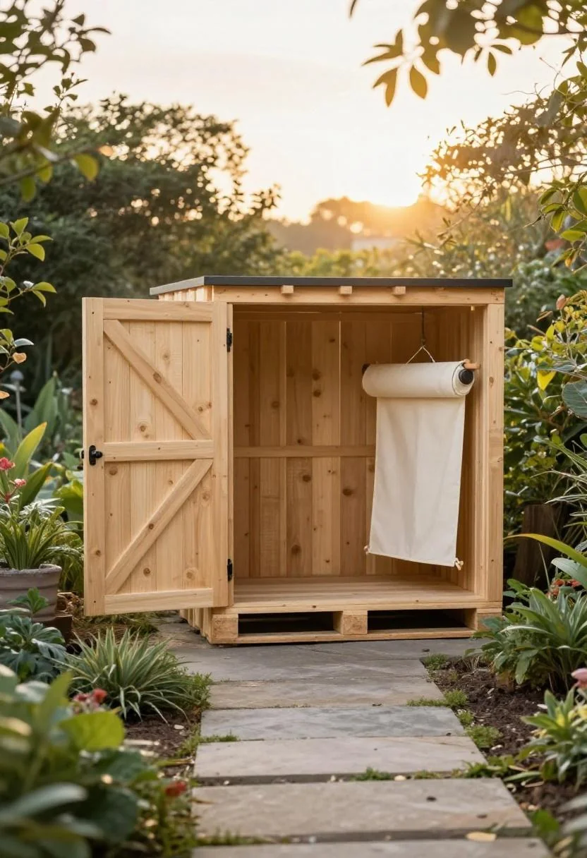 Completed pallet shed with open door and cream white canvas tool roll inside at golden hour