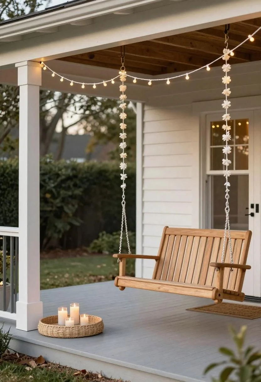 Cedar porch swing with cream string lights and seagrass candle tray glowing at dusk