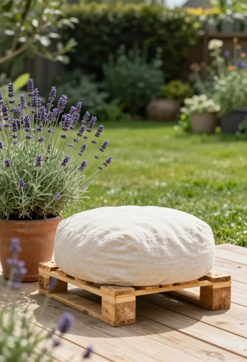 Cream linen pouf and clay lavender pot on a cottage pallet deck with green lawn backdrop