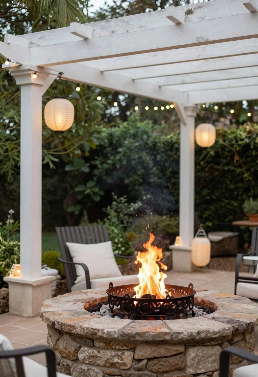 River-stone fire ring under cream cotton lanterns on a cedar pergola deck at dusk