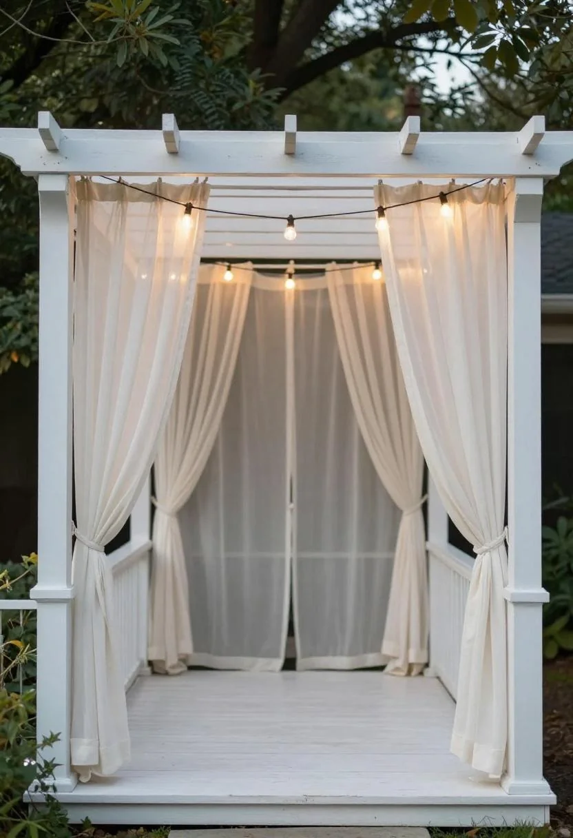 White cedar pergola with cream linen curtains tied to outer posts and string lights glowing at dusk