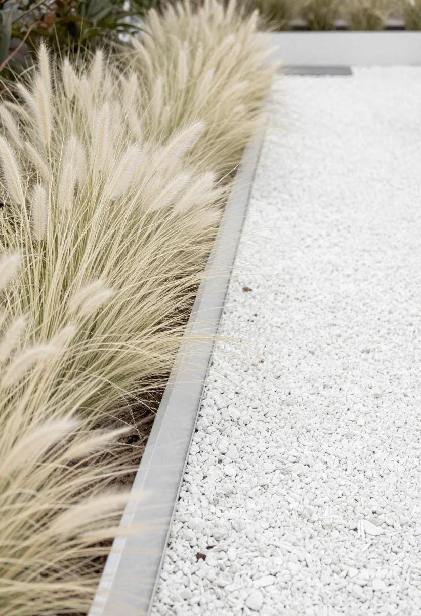 Aluminum landscape strips containing white quartz gravel edging with cream ornamental grass spilling at the border