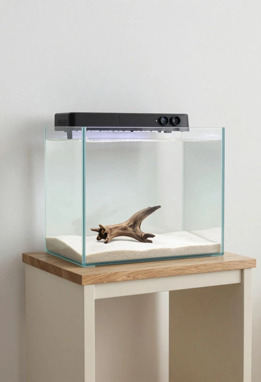 Rimless aquarium with white sand and driftwood on a cream oak console in a clean white living room