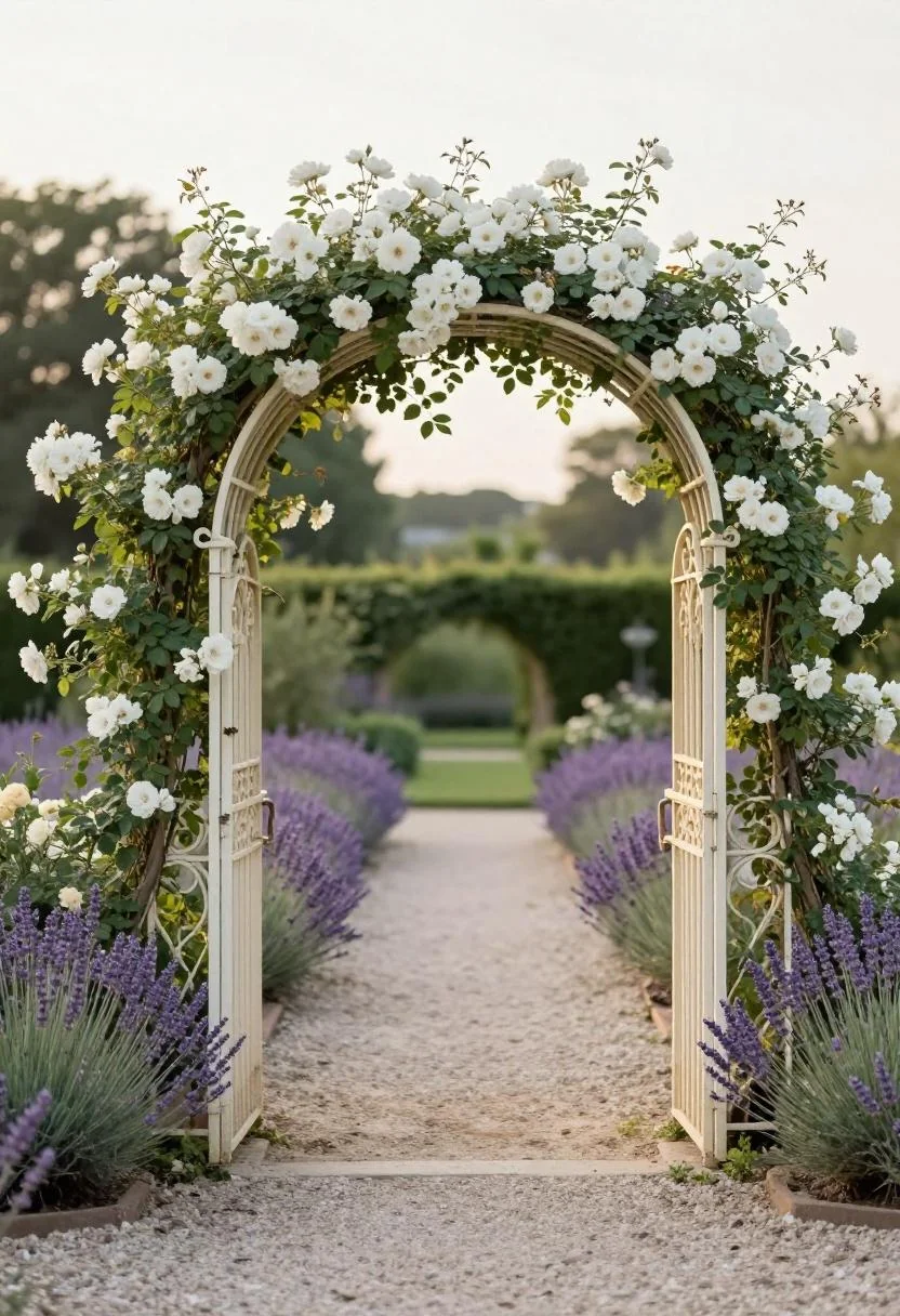 Cream iron arbor arched with white roses and bordered by lavender for an ethereal garden entrance