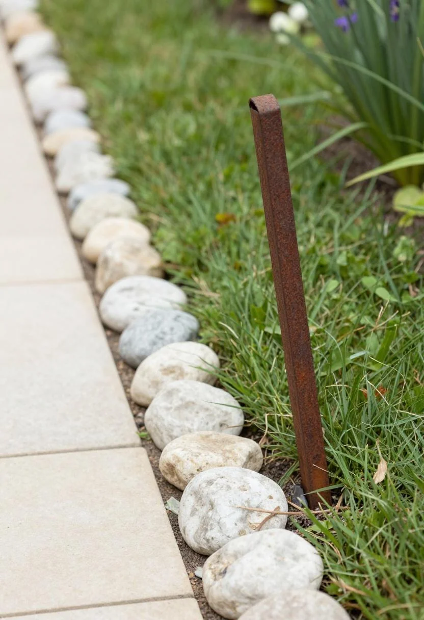 Cream white limestone cobblestones defining the border of a cottage perennial bed
