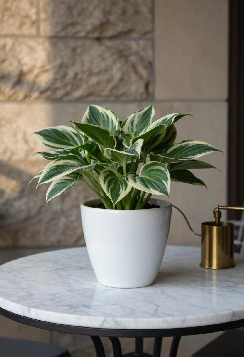 Glazed white ceramic hosta pot and brass plant mister on a marble garden table in morning sun