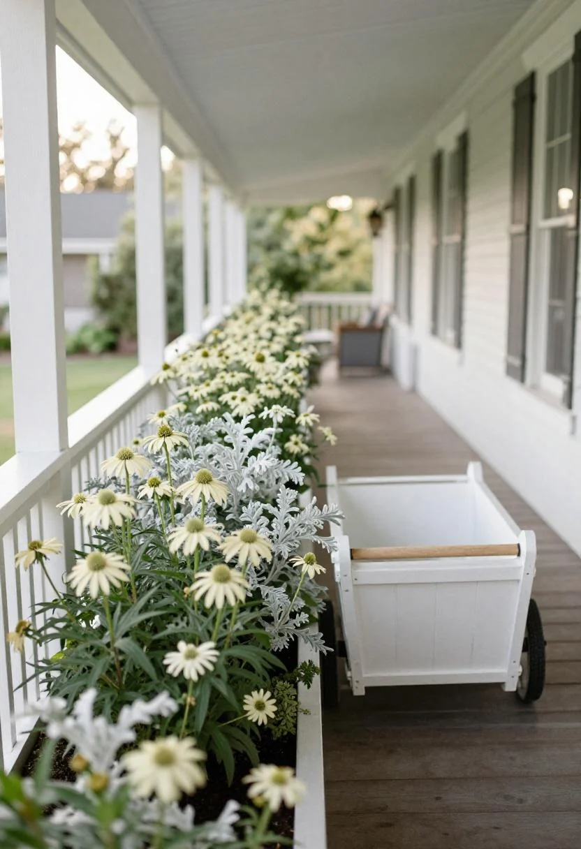 Long porch-front flower bed with cream echinacea and dusty miller in morning light