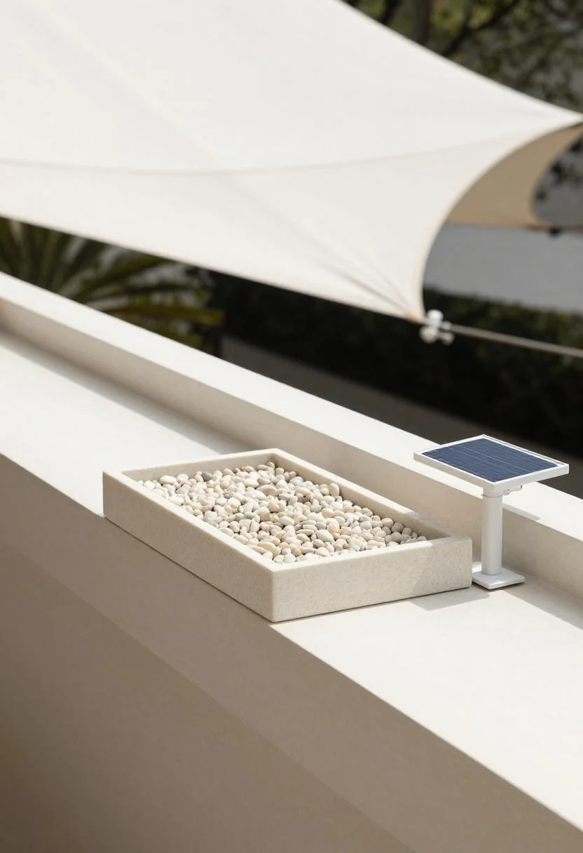 Cream white quartz pebble solar fountain tray on a modern balcony railing under a linen sail shade