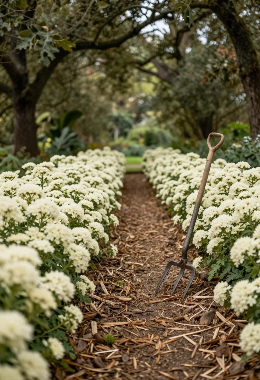 Cream white flowering sedum lining a cedar chip woodland path with wrought iron garden fork