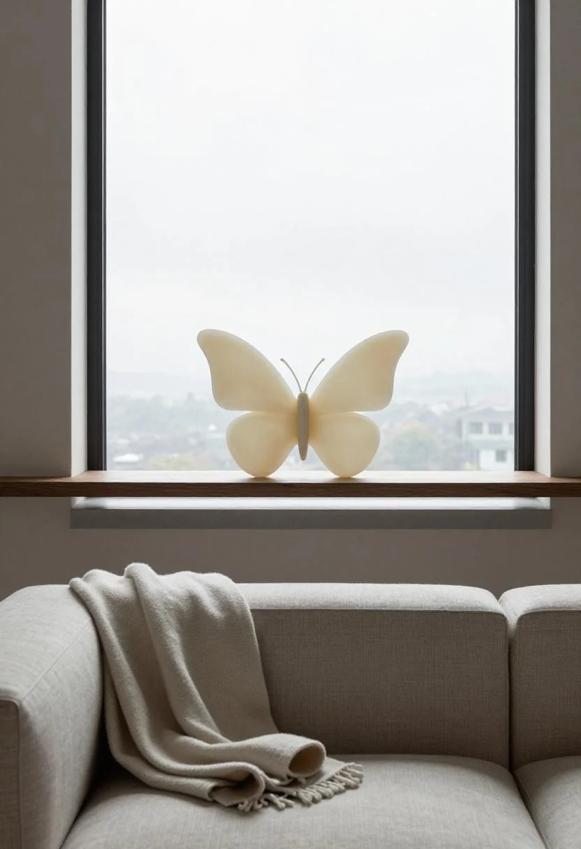 Cream white glass butterfly sculpture on a floating walnut shelf above a linen sofa