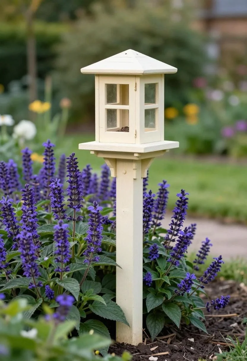 Cream white wood hopper feeder on a pine post centered in a cottage garden bed edged with purple salvia at golden hour
