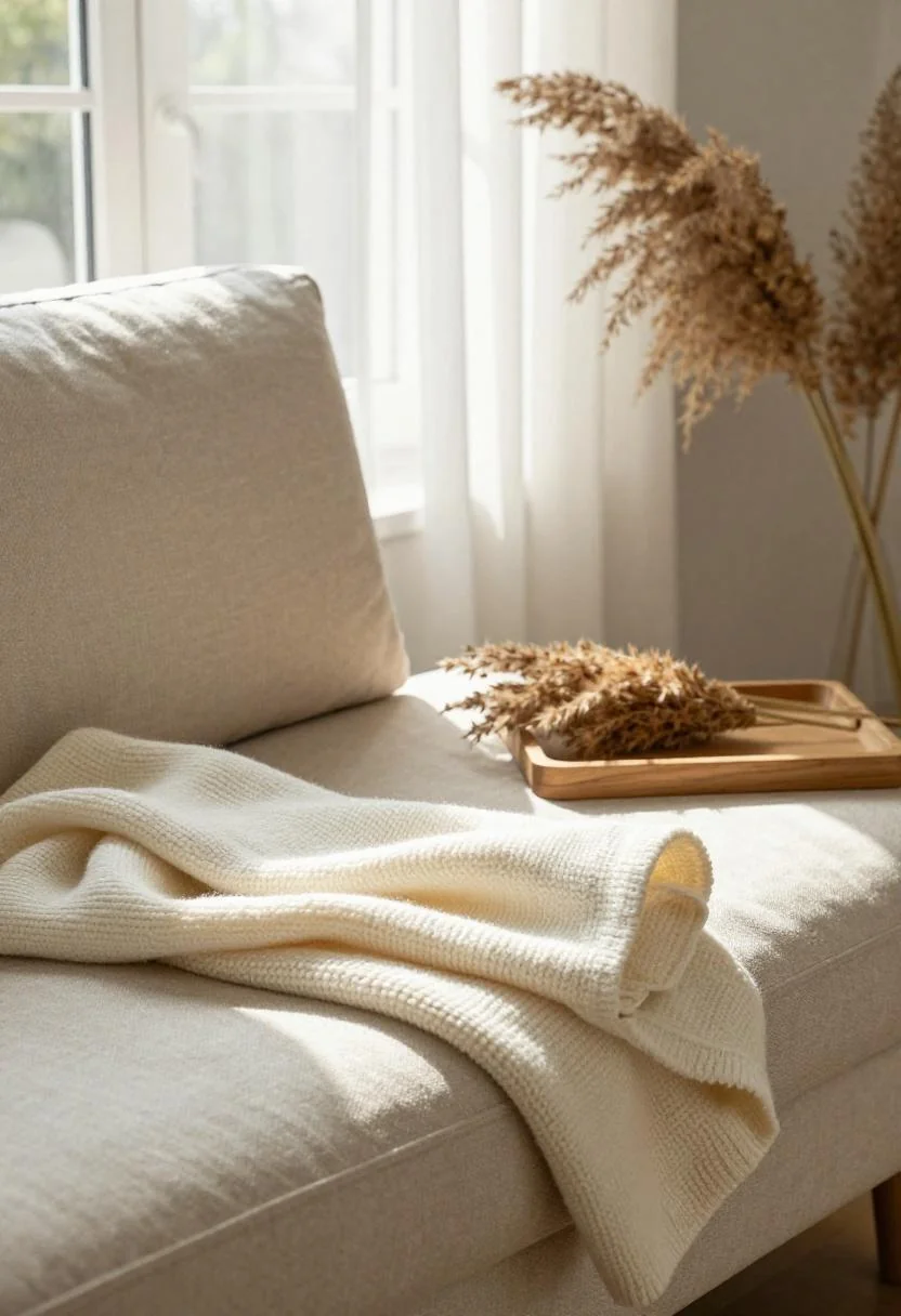 Linen window seat with cream white merino blanket and dried pampas grass in morning backlight