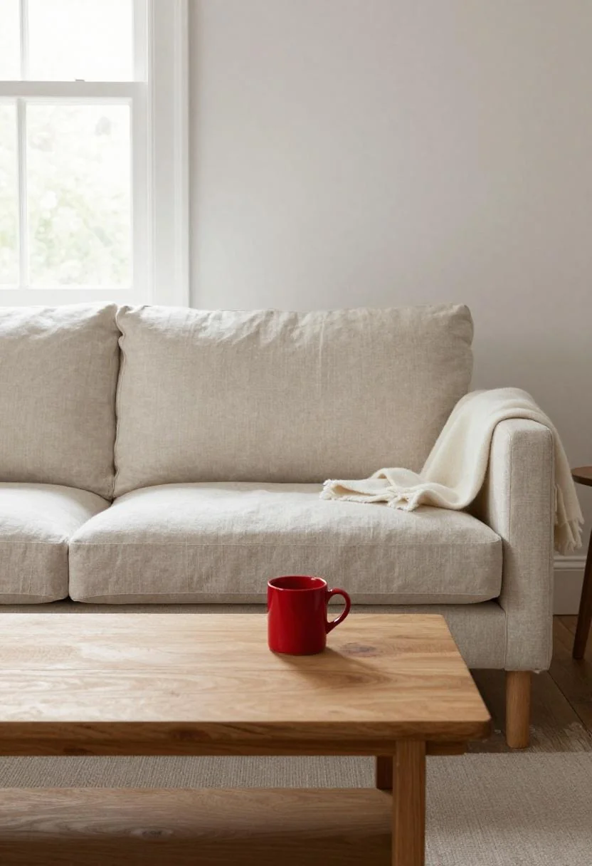 Cream white wool throw on a linen sofa with a red ceramic mug on a pine coffee table in morning light