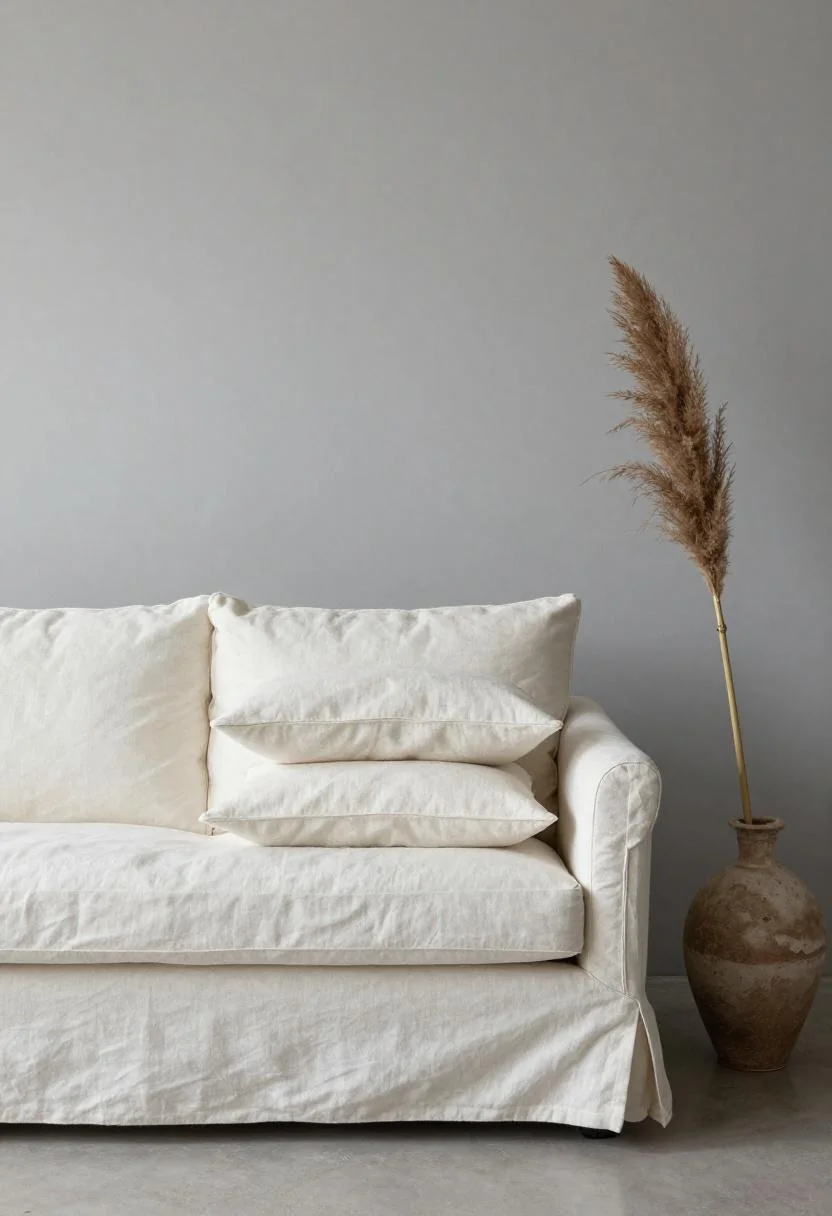 Cream white linen sofa with stacked cushions and pampas stem in a soft minimalist living room