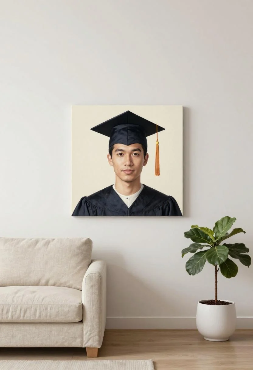 Oversized graduation canvas portrait on cream white walls with a fiddle leaf fig beside it