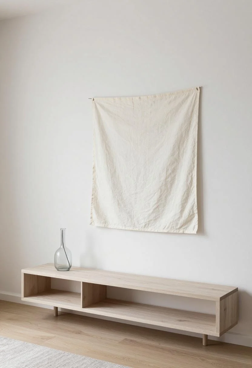 Ash wood floating shelf with cream white bunting banner and glass bud vase in minimalist room