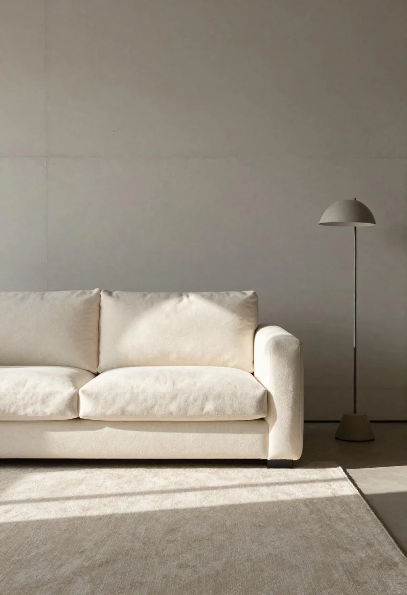 Cream bouclé sofa with concrete floor lamp in a minimalist morning-lit room