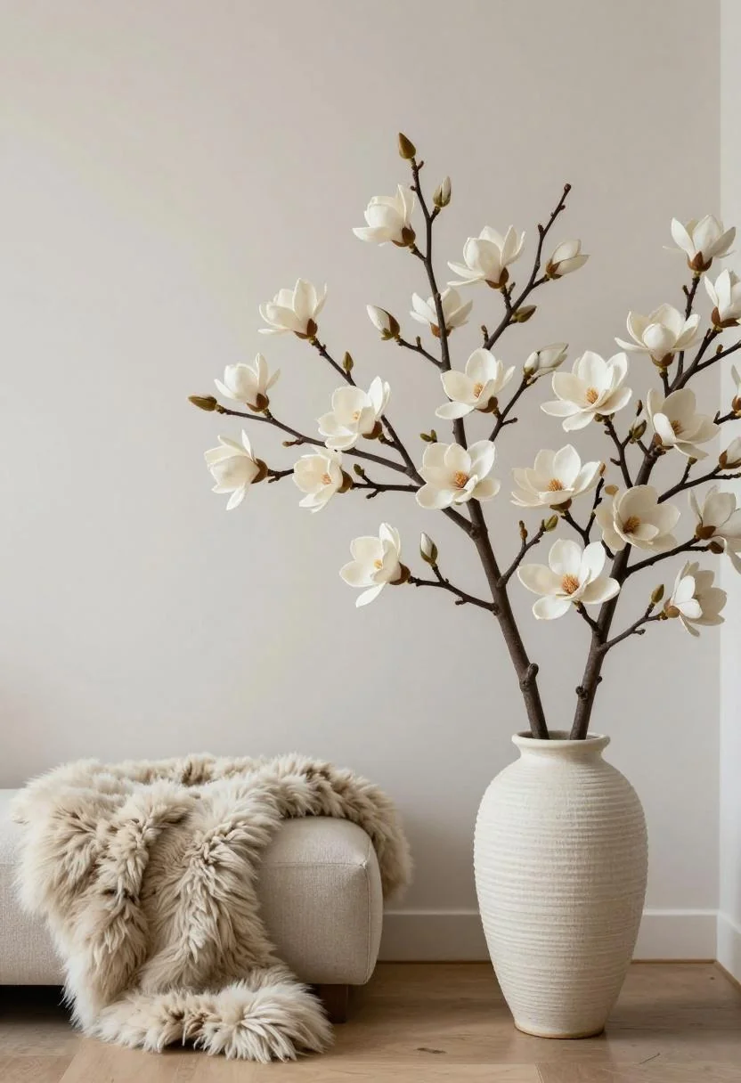 Cream white faux magnolia branch in a linen ceramic vase in a Scandinavian room corner