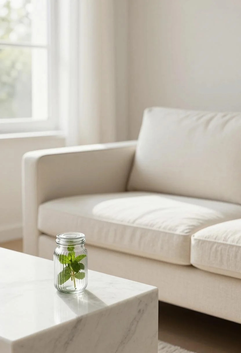 Terracotta clay pot with a citronella geranium beside a cream linen sofa