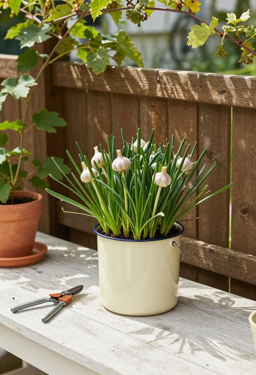 Society garlic in a cream enamel bucket on a cottage potting bench shaded by overhead vines