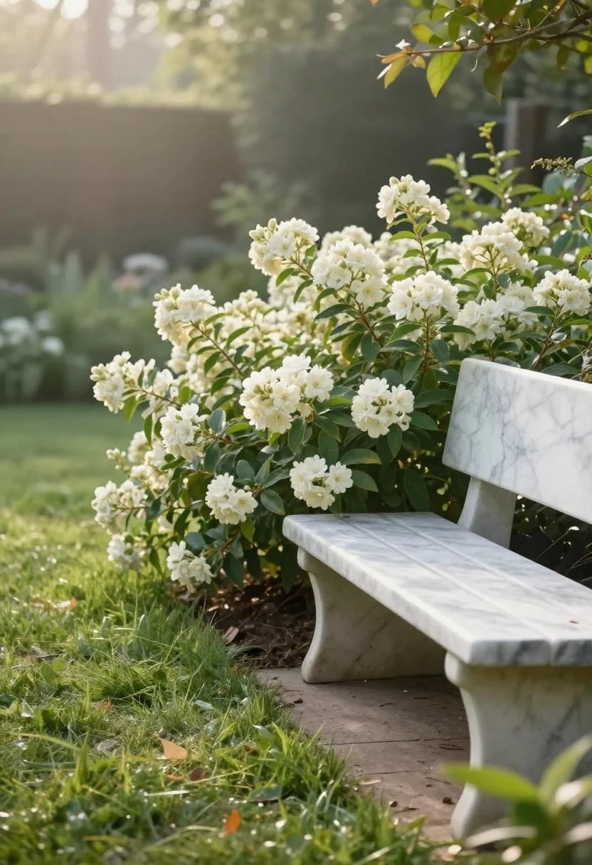 Cream white butterfly bush beside a marble bench in a sunlit garden nook with open grass path