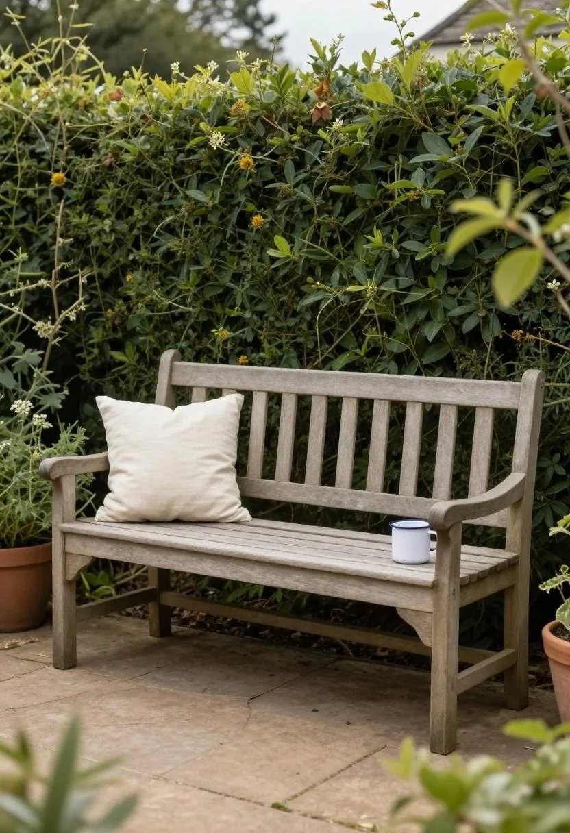 Pine garden bench with cream linen cushion and enamel mug set against a garden hedge in morning light