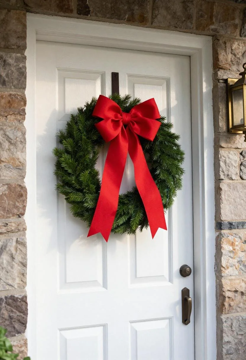 Navy cotton Memorial Day wreath on a white oak door with warm brass lantern