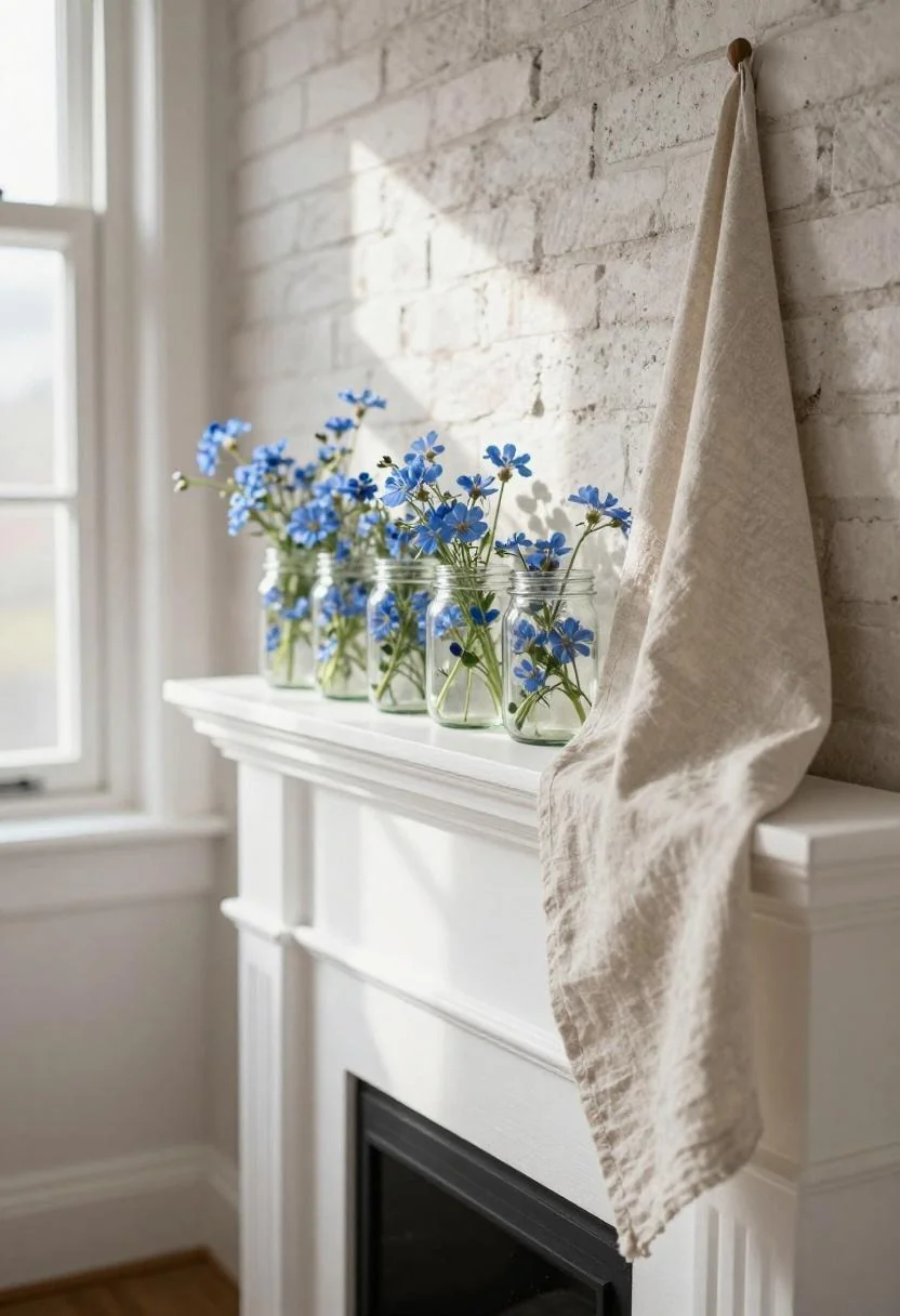 Cool blue wildflowers in mason jars styled on a whitewashed fireplace mantel for a casual Fourth of July